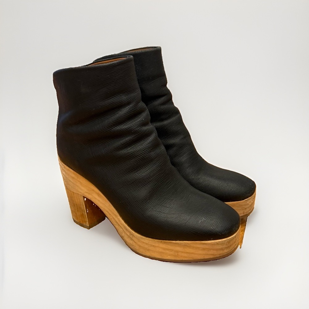 Coclico Black Textured Leather Wood Platform Ankle Boots EU 38 US 8